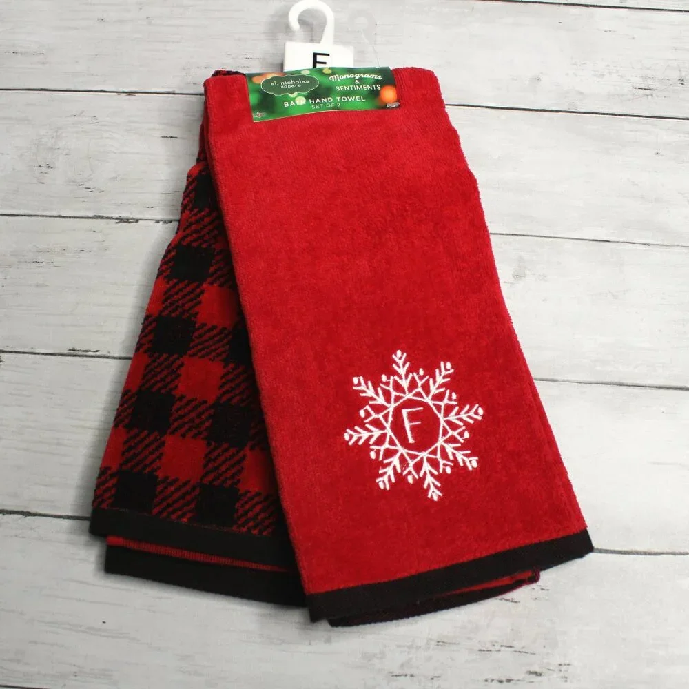 St. Nicholas Square Monogram Hand Towel Set Letter P Red Buffalo Plaid